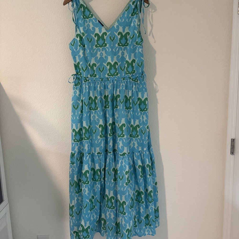 Talbots Blue & Green Tie-Shoulder Tiered Side Zip Dress Boho Coastal‎ Beachy 14